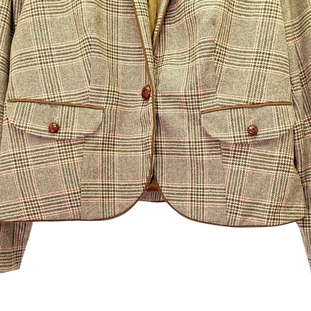 Lands End Glen Plaid Single Button Blazer Tan & Brown Leather Buttons Size 16 - Picture 5 of 15